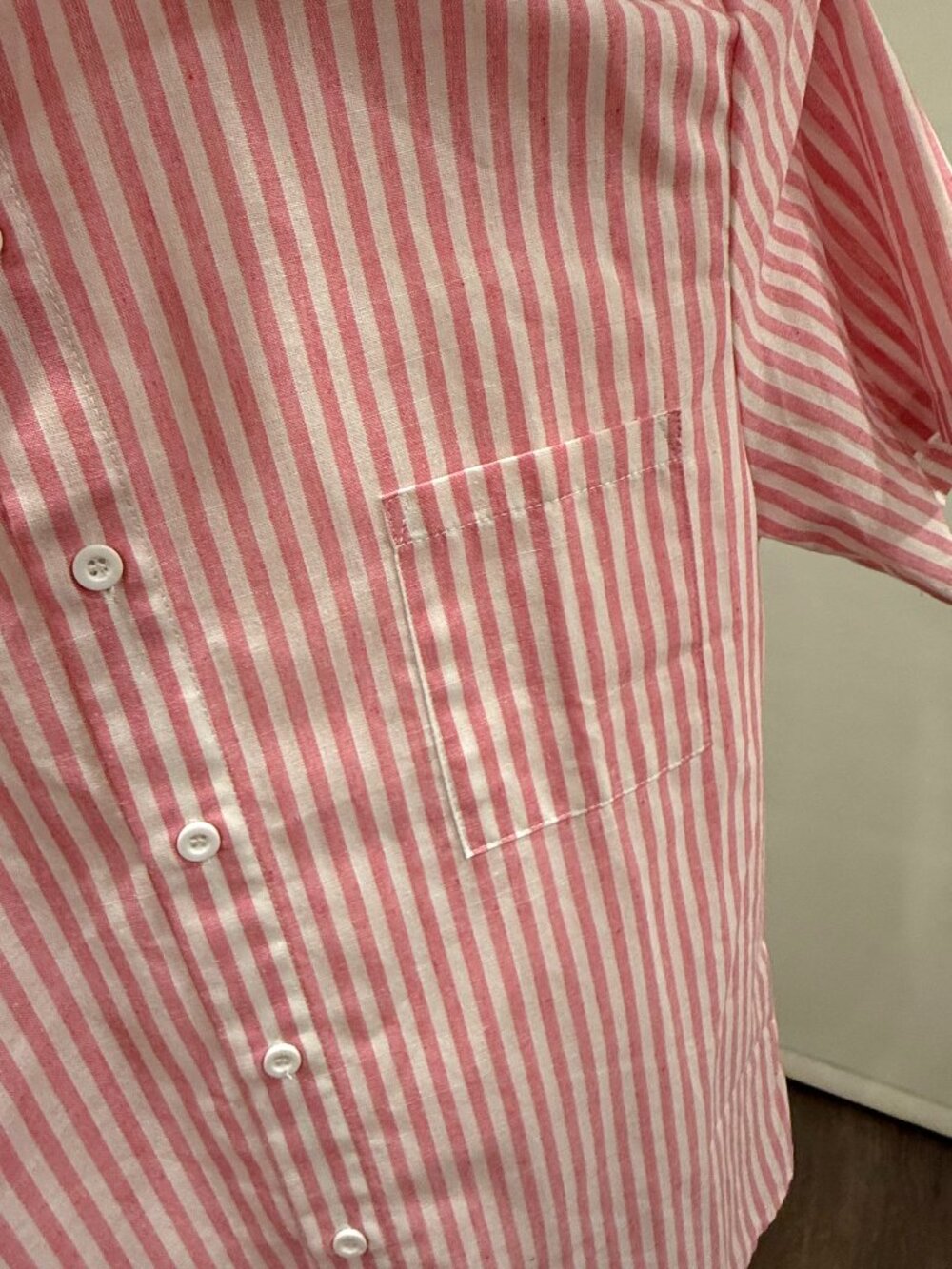 "Men's Vertical Stripe Band Collar Short Sleeve Shirt" (L)